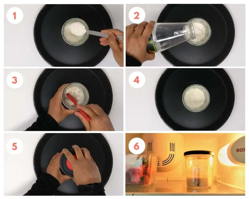 1. Mehl hinzufügen | 2. Wasser hinzufügen | 3. Gründlich mischen | 4. Viel Platz im Glas | 5. Deckel fest verschließen | 6. Beschriften und in den Kühlschrank stellen