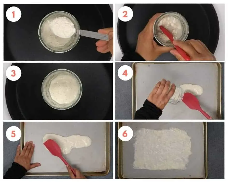 1. Starter füttern | 2. Gründlich vermischen | 3. Warten, bis er Blasen zeigt und aktiv ist | 4. Auf Backpapier gießen | 5. Eine dünnflüssige Schicht verteilen | 6. An der Luft trocknen lassen