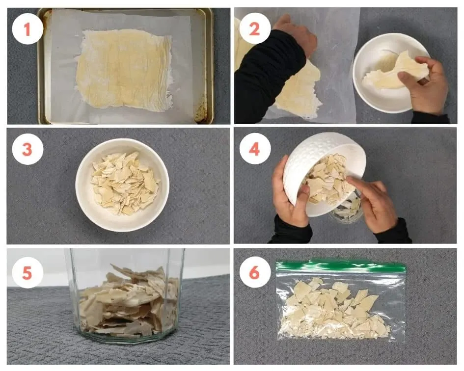 1. Vollständig getrockneter Starter | 2. Vom Backpapier abziehen | 3. In Stücke brechen | 4. In einen Aufbewahrungsbehälter gießen | 5. Im Glas im Schrank aufbewahren | 6. In einen Gefrierbeutel geben und im Gefrierfach aufbewahren