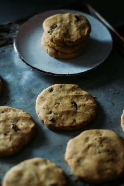 Sourdough chocolate chips cookies on a plate.