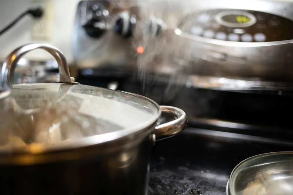 Stainless steel cooking pot with steam.