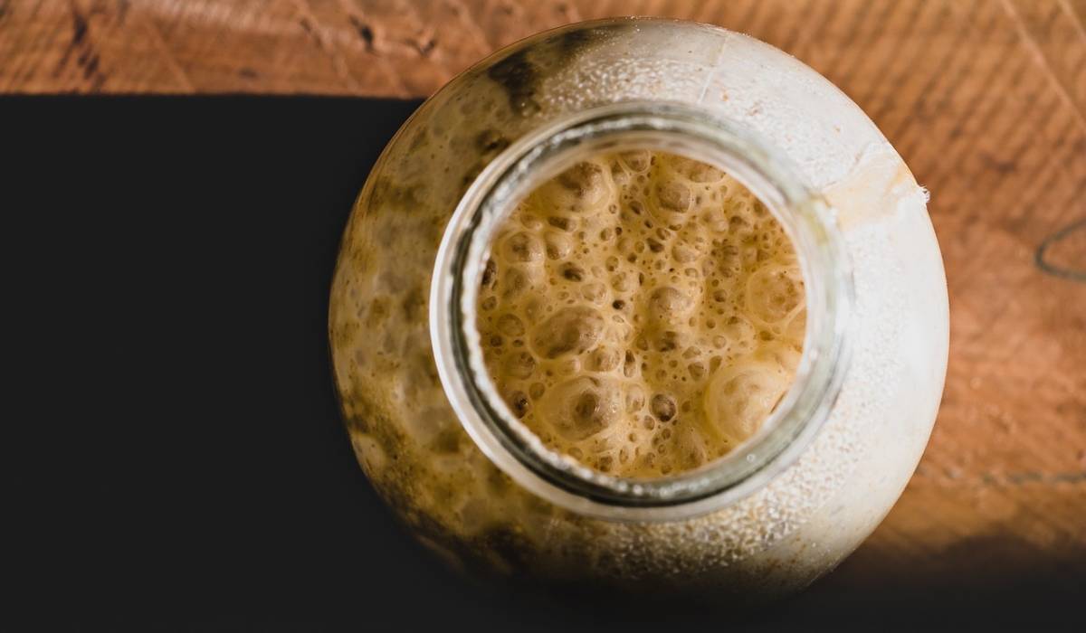 Sourdough starter in a jar, picture from above