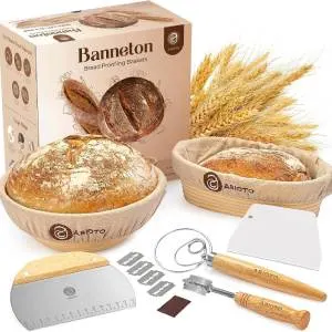 Sourdough Bread Baking Supplies and Proofing Baskets, A Complete Bread Making Kit Including 9" Round & 10" Oval Bannetons, Bread Lame, Danish Whisk, Bowl & Dough Scrapers, and Linen Liners