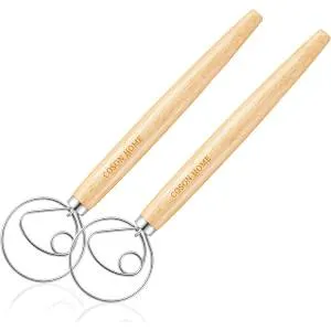 Pack of 2 Danish Dough Whisk Blender Dutch Bread Whisk Hook Wooden Hand Mixer
