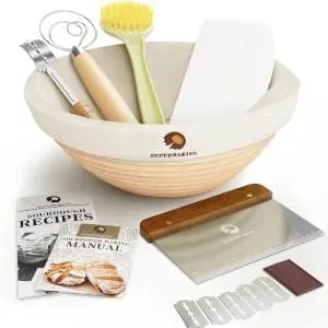 Superbaking Bread Proofing Basket, Round 9 inch Sourdough Starter Kit, Proofing Basket for Bread baking, Bread Making Supplies Tools, Banneton Basket Gift Set