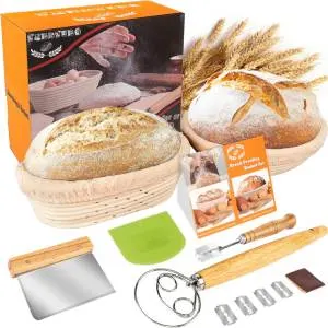 Bread Proofing Basket Set, Incl 10'' Round & 9.6'' Oval Rattan Banneton, Dough Whisk, Scraper, Lame, Linen - Natural