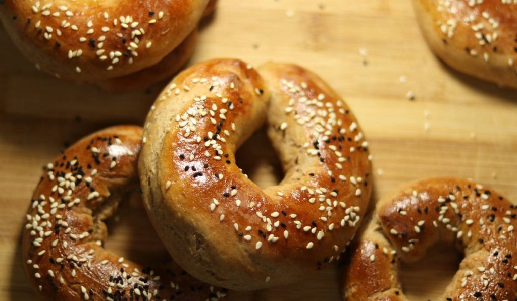 Sourdough Bagels on a wooden table