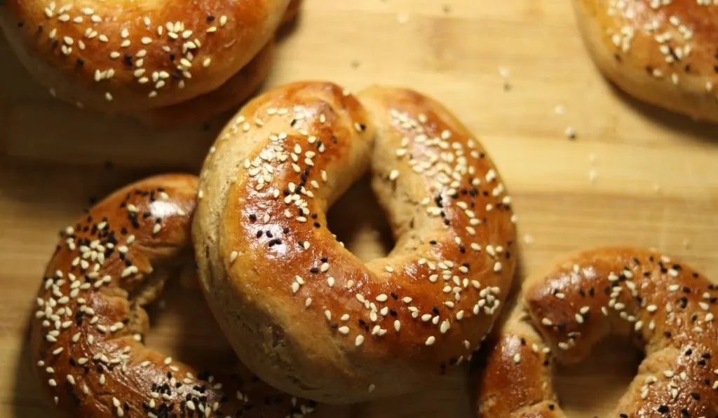 Sourdough Bagels on a wooden table