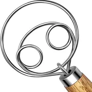 TEEVEA Danish Dough Whisk Stainless Steel Dough Hook Dutch Whisk for Sourdough Bread Dough Mixer Hand Wooden Handle Kitchen Whisking Mixing Tool Bread