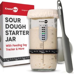 KneadAce Sourdough Starter Jar With Date Marked Feeding Band, Thermometer, Sourdough Jar Scraper, Sourdough Container Sewn Cloth Cover & Metal Lid, Sourdough Starter Kit