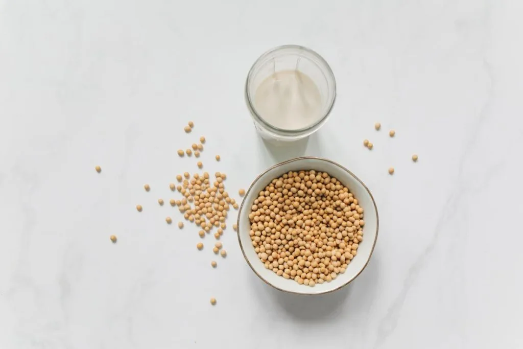 A bowl full with soy beans and a soy milk beside